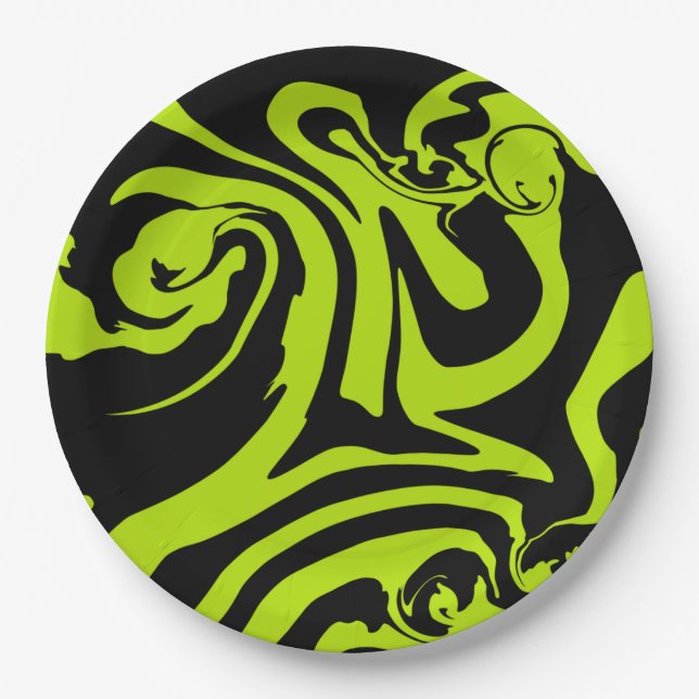 Plato De Papel Giro de mármol retro Lime Green y Black (Anverso)
