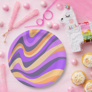 Plato De Papel Giros retro - morado y naranja