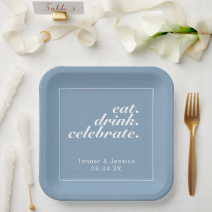 Plato De Papel Glacier Blue & White Modern Boda Minimalista