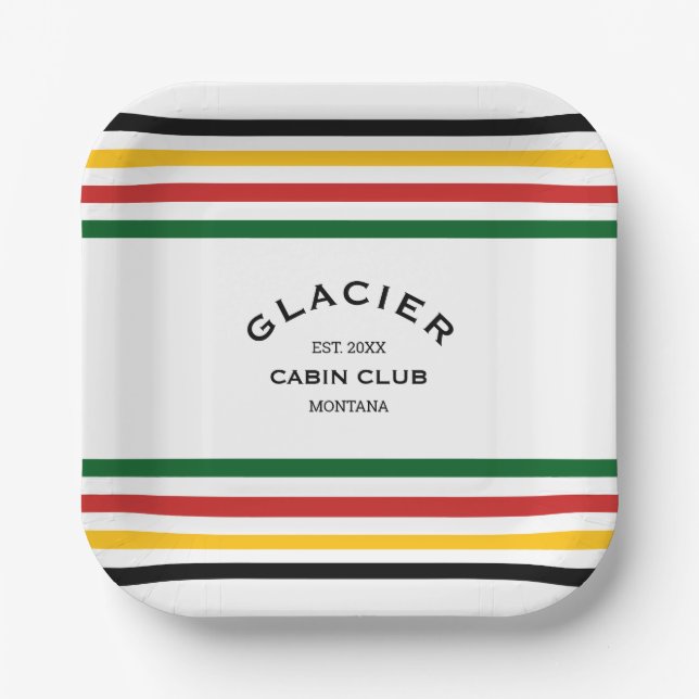 Plato De Papel Glacier Cabin Club Crest Personalizado con Franja  (Anverso)