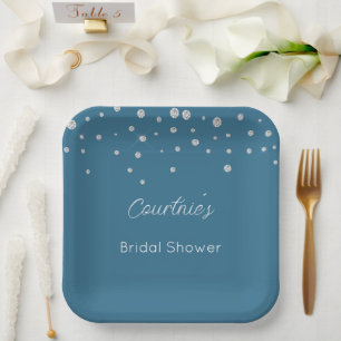 Plato De Papel Glam Azules Diamantes Blancos Despedida de Soltera