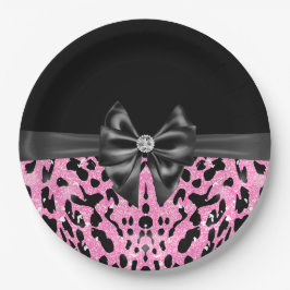 Plato De Papel Glam Black Bow Diamond Purpurina Rosado Leopardo
