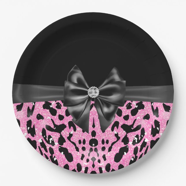 Plato De Papel Glam Black Bow Diamond Purpurina Rosado Leopardo (Anverso)