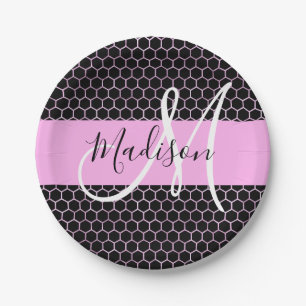 Plato De Papel Glam Black Metallic Pink Honeycomb Monograma Nombr