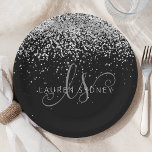 Plato De Papel Glam Black Silver Glitter Monogram Name<br><div class="desc">Glam Black Silver Glitter Elegant Monogram Paper Plate. Easily personalize this trendy chic paper plate design featuring elegant silver sparkling glitter on a black background. The design features your handwritten script monogram with pretty swirls and your name.</div>