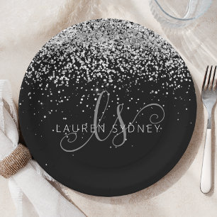 Plato De Papel Glam Black Silver Glitter Monogram Name