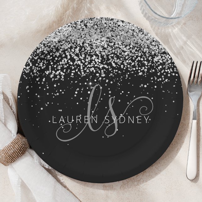 Plato De Papel Glam Black Silver Glitter Monogram Name (Subido por el creador)