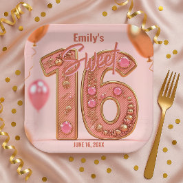 Plato De Papel Glam Blush and Rose Gold Sparkle Sweet Sixteen 