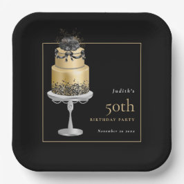 Plato De Papel Glam Cake Florals Gold 50 cumpleaños negro