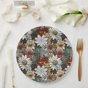 Plato De Papel Glam Champagne Flores blancas rojas de oro