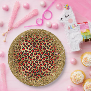 Plato De Papel Glam de leopardo negro rojo y Purpurinoso de oro