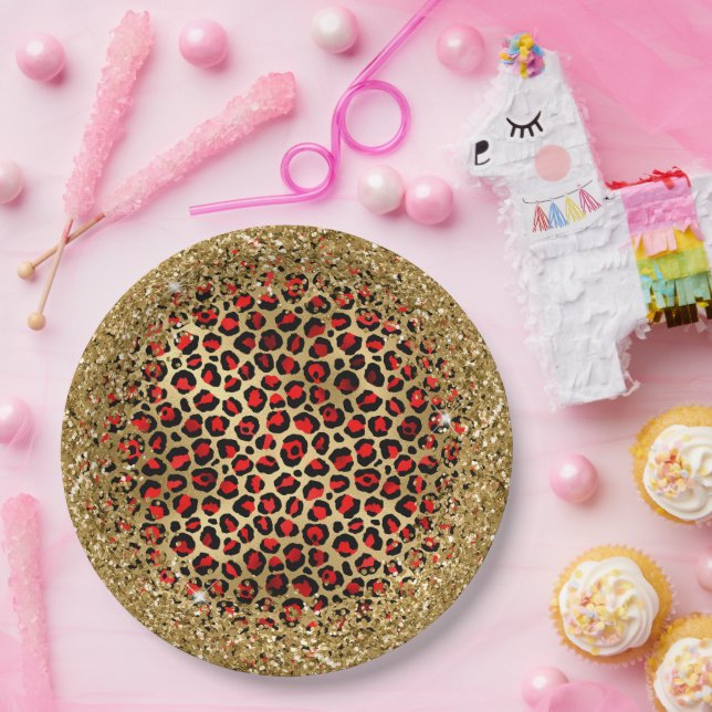 Plato De Papel Glam de leopardo negro rojo y Purpurinoso de oro (Fiesta)