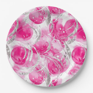 Plato De Papel Glam de Plata Rosa Resumen Círculos Cumpleaños