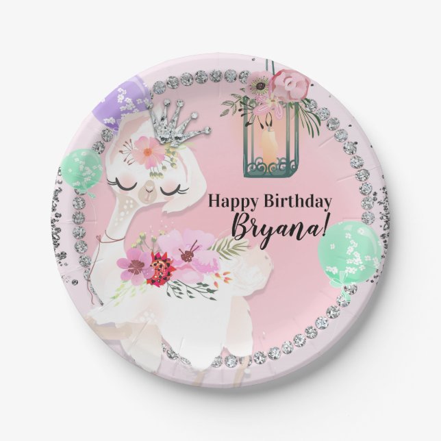 Plato De Papel Glam Diva Llama Princess Birthday Party (Anverso)