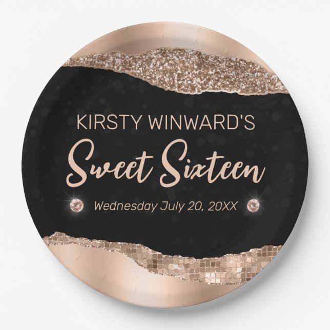 Plato De Papel Glam Edge y Diamonds Sweet, Purpurina Rosa de oro, (Anverso)