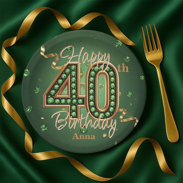 Plato De Papel Glam Emerald Green and Gold 40th Birthday (Subido por el creador)