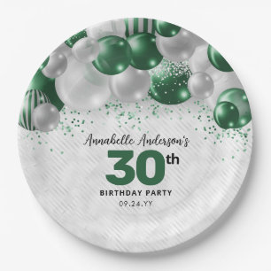 Plato De Papel Glam Emerald Green Silver Balloon Purpurina Cumple