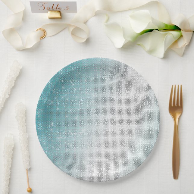 Plato De Papel Glam Glitzy Aqua Ombre Sparkle Boda (Boda)