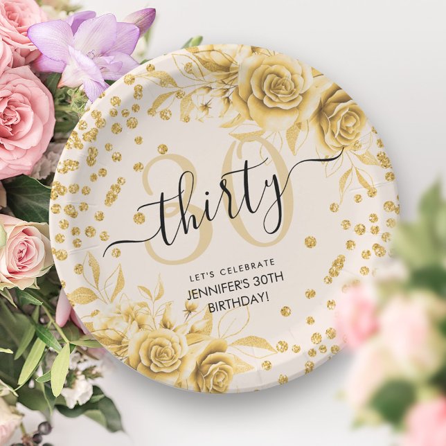 Plato De Papel Glam Gold Floral Purpurina 30.º guión de cumpleaño (Glam Gold Floral Glitter 30th Birthday Script Paper Plates)