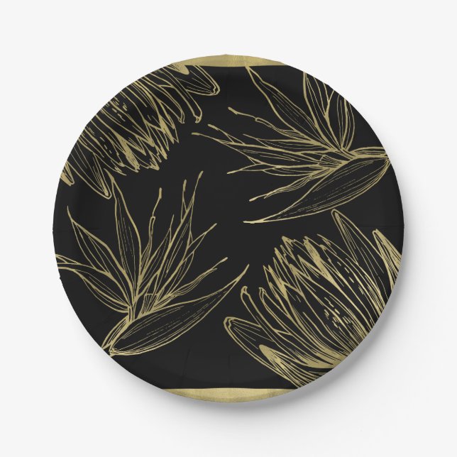 Plato De Papel Glam Gold moderno y Black Tropical Botanical Flora (Anverso)