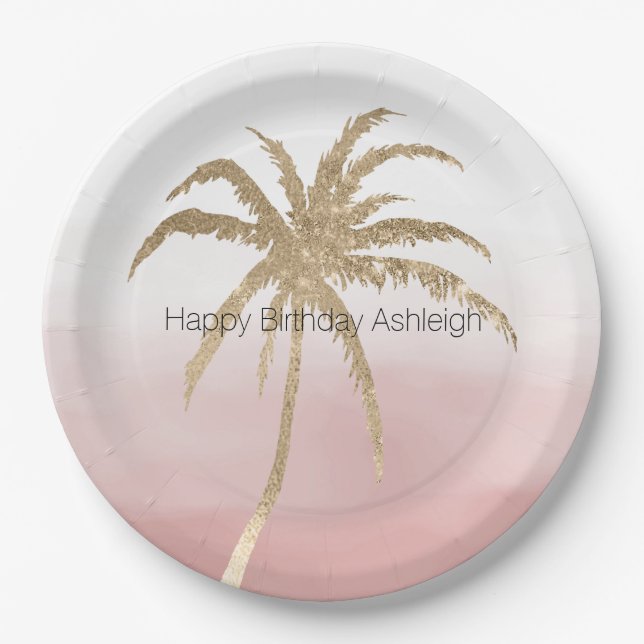Plato De Papel Glam Gold Palm Tropical Pink Pink (Anverso)