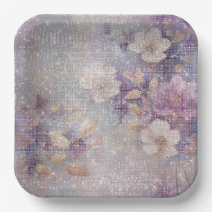 Plato De Papel Glam Gold Purple Floral Sparkle Cumpleaños