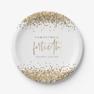 Plato De Papel Glam Gold Purpurina Nombre Fecha cuadragésimo cump