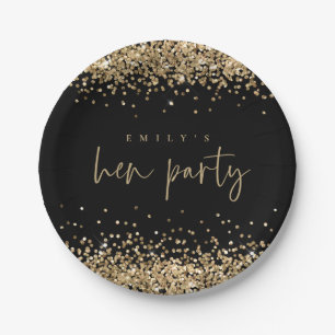 Plato De Papel Glam Gold Purpurina Nombre Hen Fiesta Negro