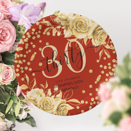 Plato De Papel Glam Gold Red Floral Purpurina 30th Birthday Scrip