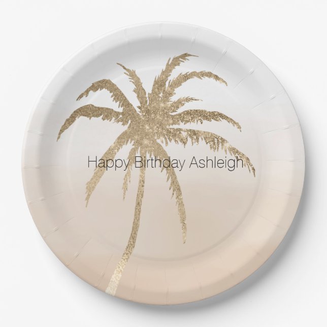 Plato De Papel Glam Gold Tropical Palm Tree Ombre (Anverso)