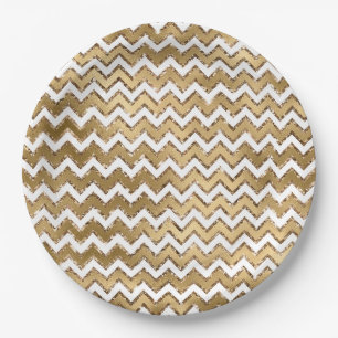 Plato De Papel Glam Gold White Zigzag Stripes