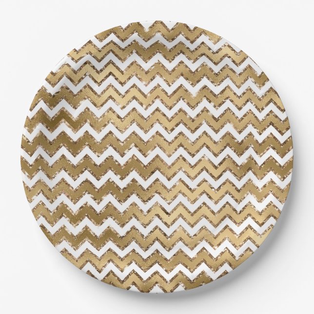 Plato De Papel Glam Gold White Zigzag Stripes (Anverso)