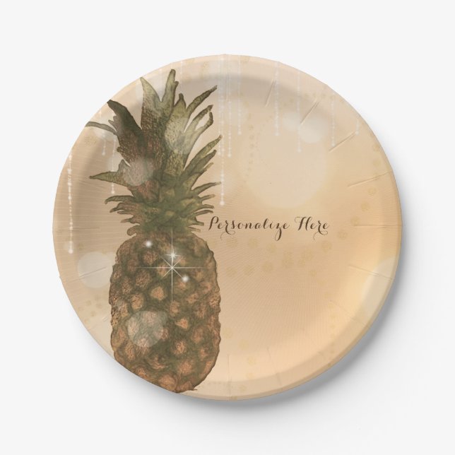 Plato De Papel Glam Golden Pineapple Elegante Fiesta tropical (Anverso)
