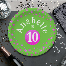 Plato De Papel Glam Guay Estrellas de Purpurina Verde Rosa