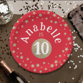 Plato De Papel Glam Guay Red And Gold Purpurina Stars Kid Cumplea