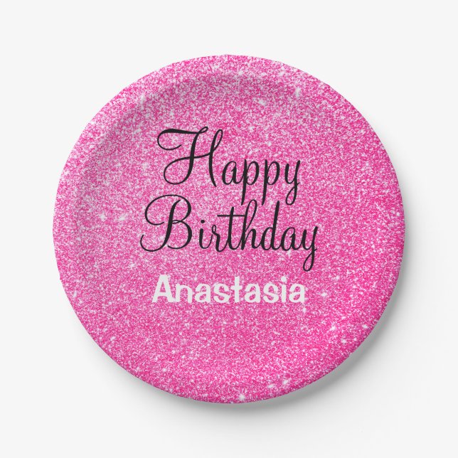 Plato De Papel Glam Happy Birday Hot Pink Purpurina Sparkle Name (Anverso)