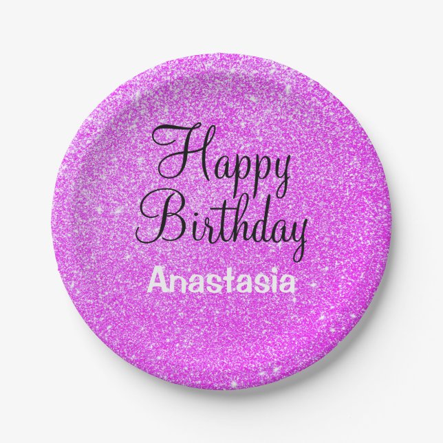 Plato De Papel Glam Happy Birthday Purple Purpurina Sparkle Name (Anverso)
