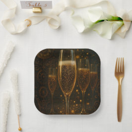 Plato De Papel Glam Happy New Year Steampunk Champagne