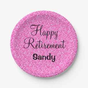 Plato De Papel Glam Happy Retirement Hot Pink Purpurina Sparkke