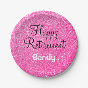 Plato De Papel Glam Happy Retirement Hot Pink Purpurina Sparkke