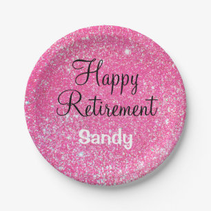 Plato De Papel Glam Happy Retirement Hot Pink Purpurina Sparkke