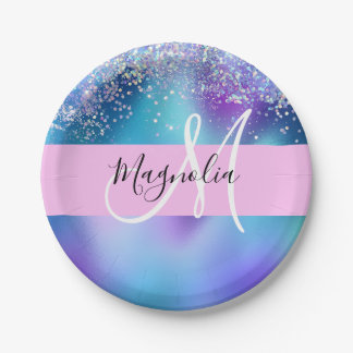 Plato De Papel Glam Holographic Mermaid Purpurina Sparkle Monogra