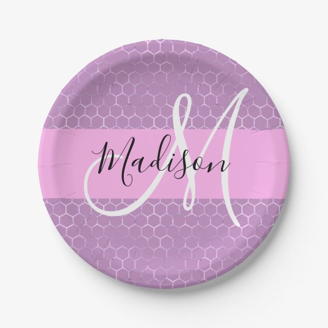 Plato De Papel Glam Lilac Monograma de Honeycomb rosa metálico (Anverso)