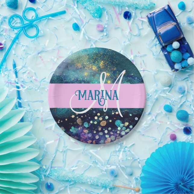Plato De Papel Glam Mermaid Aqua Gold Purpurina Esparkles Monogra (Fiesta)