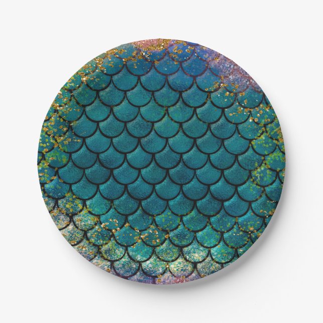 Plato De Papel Glam Mermaid Fish Scales Verde azulado Purple Gold (Anverso)