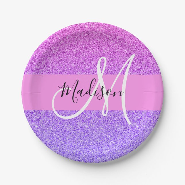 Plato De Papel Glam Morado Rosa Brillo Destello Gradiente Monogra (Anverso)