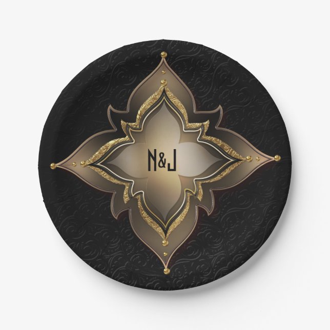 Plato De Papel Glam negro dorado Moda exótica Fiesta de flores (Anverso)