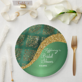 Plato De Papel Glam Oro Brillo Verde Metálico Nupcial