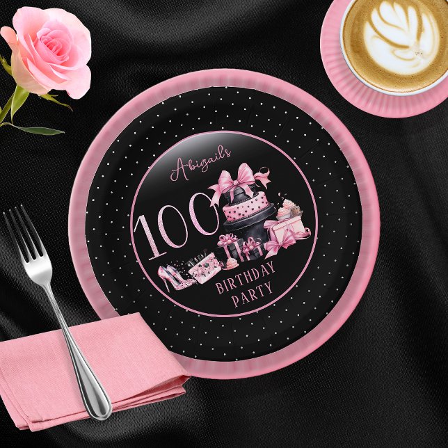 Plato De Papel Glam Pink Black Fashion 100th Birthday Party (Glam Pink and Black French Couture Fashion 100th Birthday Party Paper Plates)