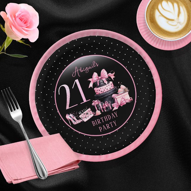 Plato De Papel Glam Pink Black Fashion 21st Birthday Fiesta (Glam Pink and Black French Couture Fashion 21st Birthday Party Paper Plates)